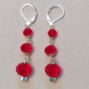 Hand Crafted sterling silver and glass beaded dangle earrings, red
